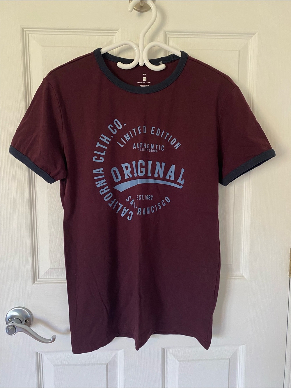 3/25$ Men’s T‑Shirt - Burgundy with Navy Trim
